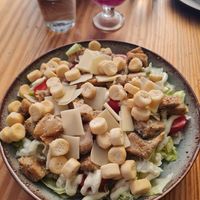 Cesar salad (vegagan with vegan chicken and vegan parmesan cheese). Very tasty! at Goldig in Lagos