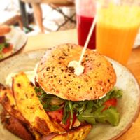Burger in bagel daily special (caramelised onion inside was delicious ) at Goldig in Lagos