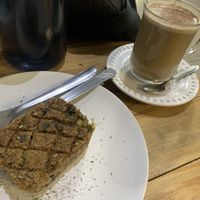 Eggplant kibe and a chai with peanut milk at Pop Art Cafe in Foz Do Iguacu