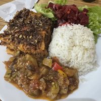 Daily special lasagna with rice and what I would call ratatouille   at Pop Art Cafe in Foz Do Iguacu