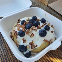 Creme brulee frosting (yum) with blueberries and pecans at Cinnaholic in Los Angeles