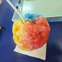 Shave ice: mango, blue raspberry and li hing mui syrups at Surfing Monkey Shave Ice in Kihei