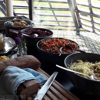 Buffet with vegan salads, houmous, pesto & bread at Smakka Cafe in Torshavn