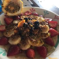 Vegan pancakes (special request in advance) at Moksha Yoga and Surf Hostel in Huanchaco