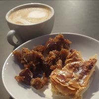 Sticky toffee pudding (my favourite) and an almond dessert at Tibits in South East London