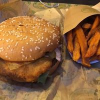 Seitan burger and sweet potato fries at Vburger Camden in North West London