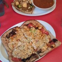 bottom: Buffalo Tofu pizza with their house-made basil tofu mash and Daiya cheeze; top: Peanut Curry pizza and a delicious soup at Veggie Planet in Cambridge