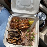Build a bowl - rice & peas, jerk chicken, crispy chicken at Dajen Eats in Eatonville