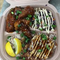 Rice and peas, spicy cauliflower, red cabbage salad at Dajen Eats in Eatonville