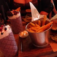 Burger, fries and Oreo/berry milkshake! at Göteburgare Vegan in Gothenburg