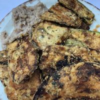 Fried eggplant & zucchini with dip. Very greasy and the dip was bland. at Candouni in Santorini