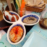 Mediterranean mix (babaganouche, hummus, and felafels) at Simbiosis in Ibiza