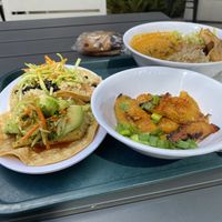 Tacos, plantains, pumpkin seed stew, cookies  at Veg on the Edge in Santa Cruz