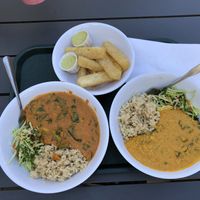 Peanut stew (left), pumpkin seed stew (right), and cassava fries. SO GOOD. at Veg on the Edge in Santa Cruz