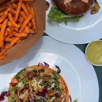 Sweet potato fries, black bean burger and veggie taco   at Veg on the Edge in Santa Cruz