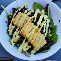 This is the tofu and black rice bowl. Reaaallyy delicious! The sauce is incredible! Totally worth it at Veg on the Edge in Santa Cruz