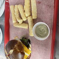 Beyond burger with some strange side that was supposed to be fries  at Veg on the Edge in Santa Cruz