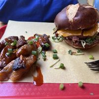 Plantains and Súyà Burger  at Veg on the Edge in Santa Cruz