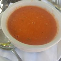 Vegan tomato basil soup with coconut milk base at Local Flavor Cafe in Eureka Springs