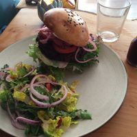 black bean burger with salad  at Dwell in Bergen