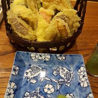 Vegetable tempura with Matcha salt for dipping at Kobayashi Soba in Matsumoto