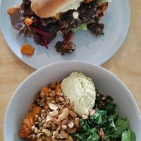 Mushroom & Lentil Burger/ Pumpkin & Kumara Fry Vegan Bowl ~ Yum! at Sunday Cantina in Waikanae