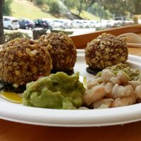 Fake meat ball of soya beans and hazelnut, guacamole, cream of zucchini and hazelnut  at FrescoBaldo in Rome