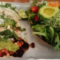 Three vegan tacos and small salad from Bubby's Take Away Kitchen. Ordered with no dressing. Picture by Happy Cow reviewer foodfirst. at Bubby's Take Away Kitchen in Red Hook