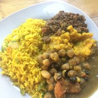 Dahl, broad bean stew, lentils, and turmeric rice at The Cheffing Don in Kingston