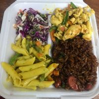 Pastafari, Ackee, veggie fried rice and salad  at The Cheffing Don in Kingston