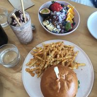 Burger, acai bowl and frappe at Nude Sisters Whole Food Kitchen in Gold Coast