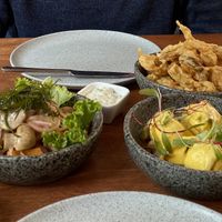 Trio of appetizers with ceviche, tempura, and creamy potatoes were so yummy! at Veda Restaurante in Miraflores