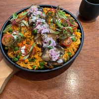 Concolón de vegetales, como arroz con mariscos hecho vegano at Veda Restaurante in Miraflores