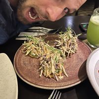 Matt-o-saurus devouring a small plate  at Veda Restaurante in Miraflores