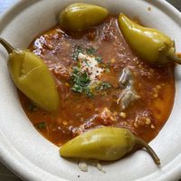 There's a bit o' Hummus under all that Chili  at Aba's Falafel in Rhinebeck