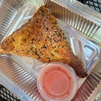 Bureka (cashew feta and spinach) with light tomato dip at Aba's Falafel in Rhinebeck