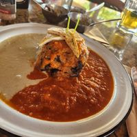 Aubergine stack - layers of soya meat and aubergine with delicious sauces  at Casa Tequila in Cancun