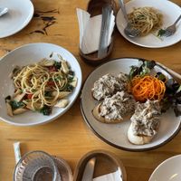 Jackfruit tuna melt and spaghetti with spicy mushrooms  at Hua Hin Vegan Cafe and Wine in Hua Hin