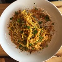 pumpkin carbonara with coconut bacon at Hua Hin Vegan Cafe and Wine in Hua Hin