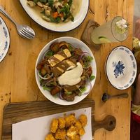 Green Curry vegetables, creamy cashew salad, tofu nuggets  at Hua Hin Vegan Cafe and Wine in Hua Hin