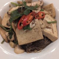 Mushroom tofu noodles with ginger and garlic at Hua Hin Vegan Cafe and Wine in Hua Hin