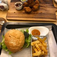 BBQ Jackfruit burger with fries, plus tofu nuggets at Hua Hin Vegan Cafe and Wine in Hua Hin