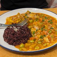 Pumpkin curry and brown rice at Hua Hin Vegan Cafe and Wine in Hua Hin