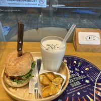 Mediterranean style burger, fried lotus and tahini shake    at Falafel Brothers - Minato in Tokyo