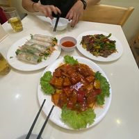  summer rolls,  vegan RIBS, beef with celery garlic and pineapple (back right)   at Loving Hut - Ba Dinh in Hanoi