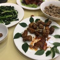 Battered “shrimp”, bbq “chicken”, brown rice and seasonal greens (morning glory) at Loving Hut - Ba Dinh in Hanoi