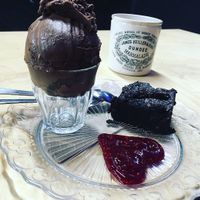 Chocolate ice-cream and brownie at Ginger's Comfort Emporium in Manchester