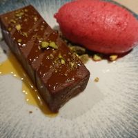 Brownie with raspberry sorbet at Bascook in Bilbao