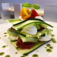 Yummy heirloom tomato macadamia ricotta lasagna at Essence Cuisine in East London