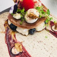 Raw pancakes with coconut cream   at Essence Cuisine in East London